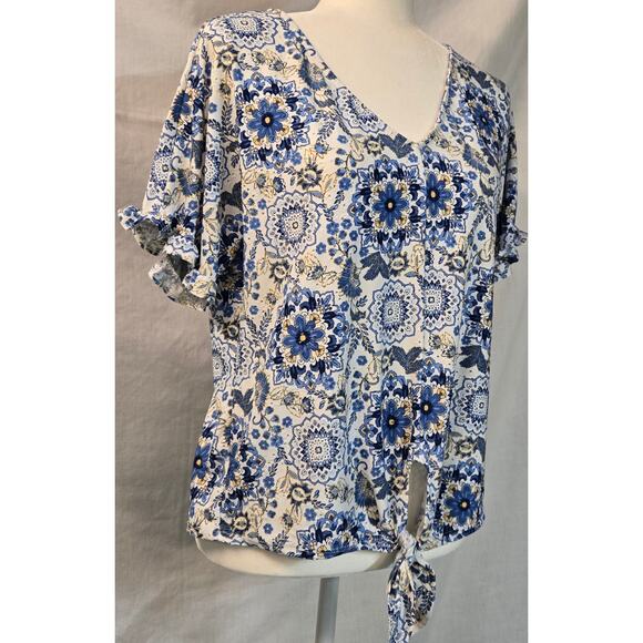 W5 Anthropologie Womens Blue Floral Eyelet Blouse Cottage Core Tie Front Top Med - Picture 3 of 8